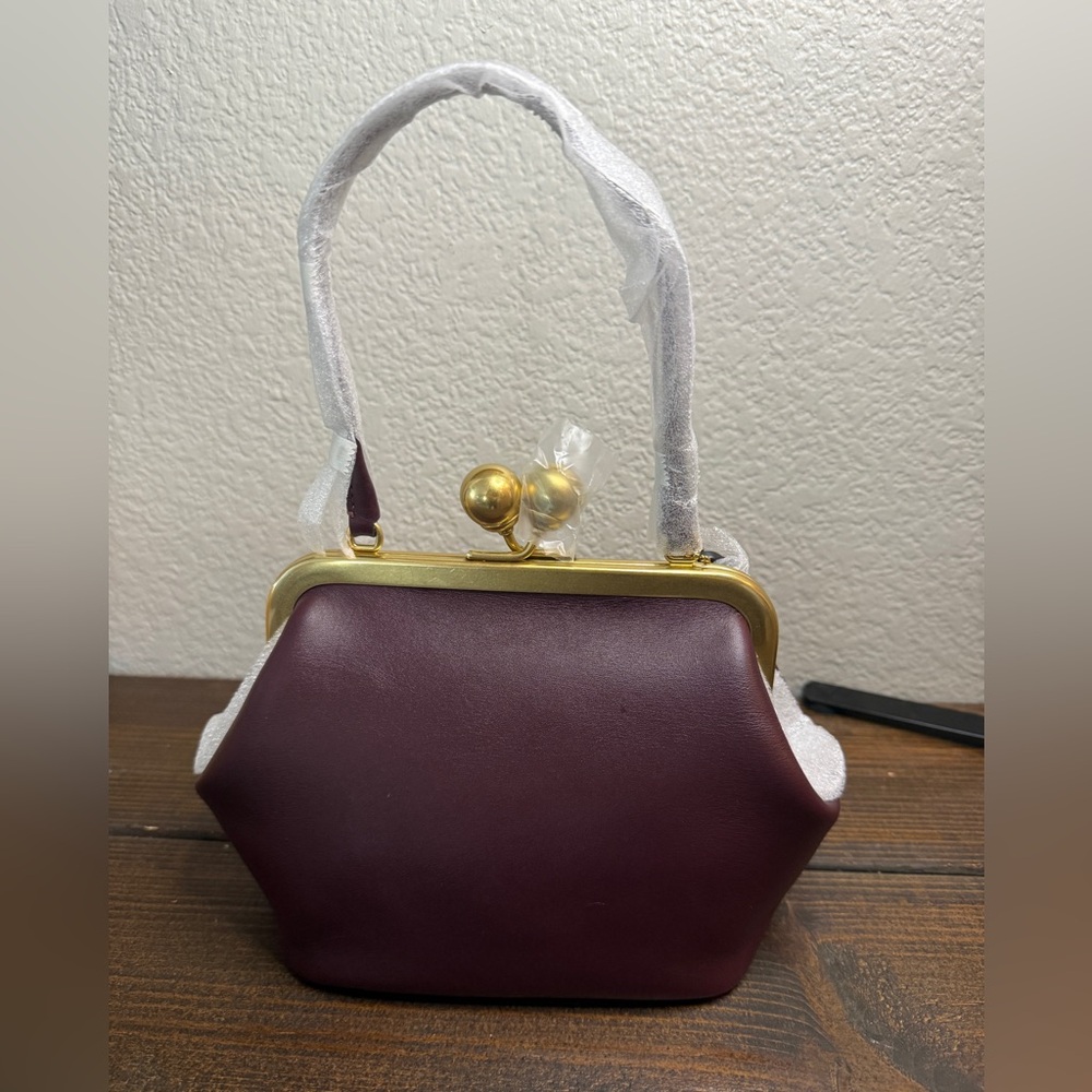 Coach Kisslock Frame Bag 16 in Brass/Black Currant Glovetanned Leather NWT - Picture 6 of 6